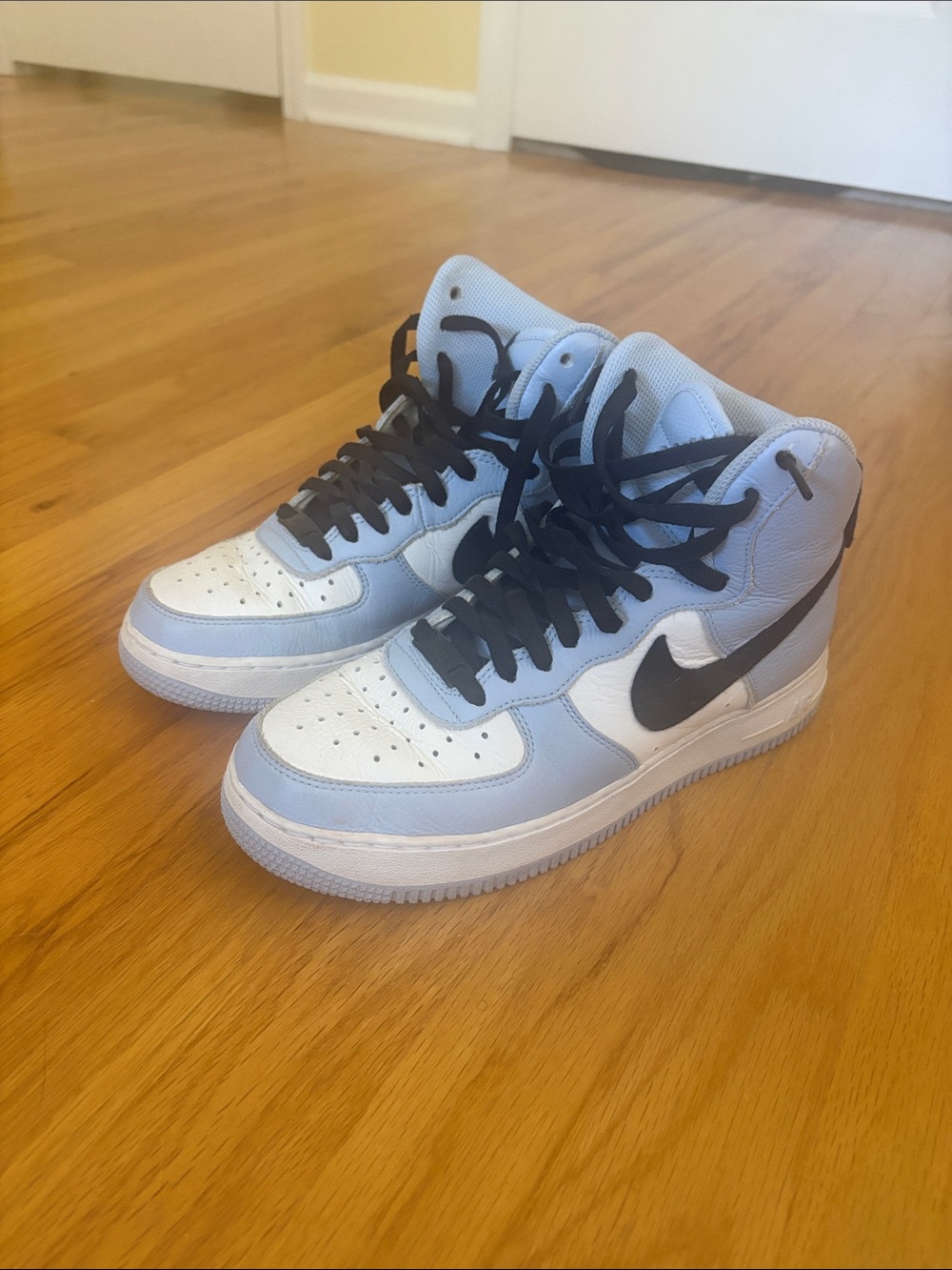 Nike High-Top Air Force 1 Sneakers in White, Light Blue and Black